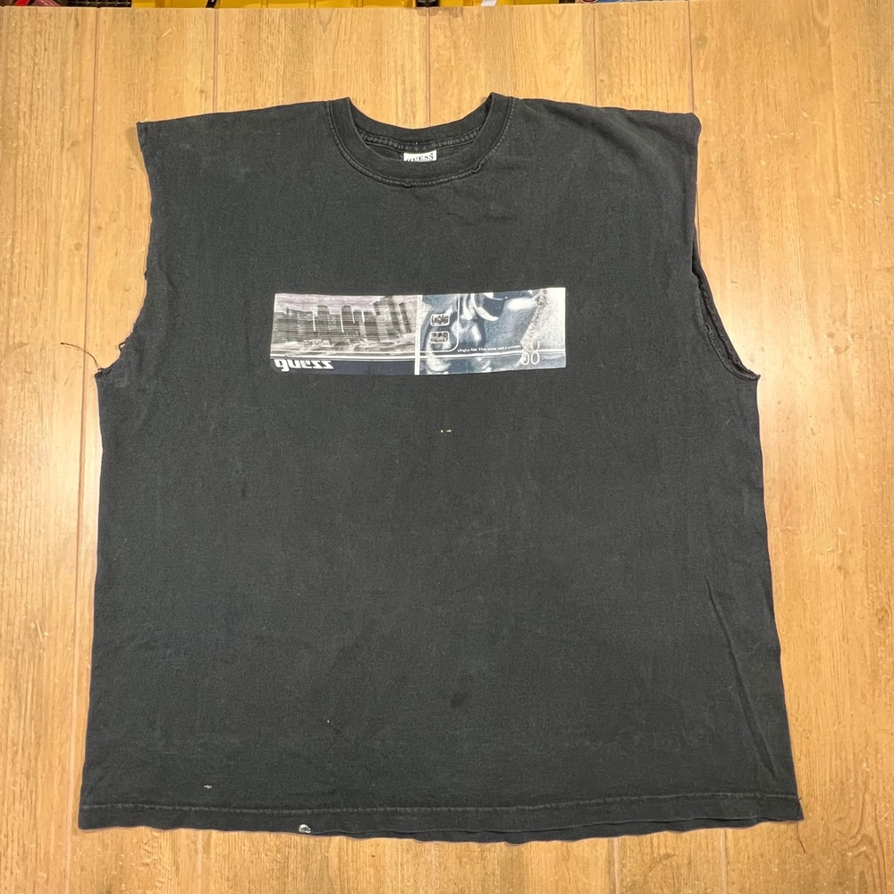 Vintage Guess USA Tee Black Graphic Sleeveless Shirt XXL Made in USA thrashed